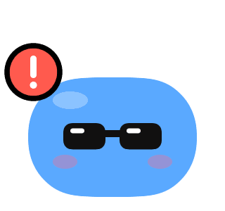 A blue critter in sunglasses with a red exclamation mark