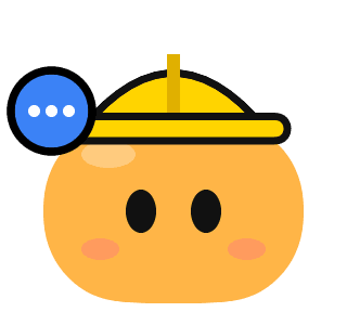 An orange critter in a hard hat with a blue speech bubble