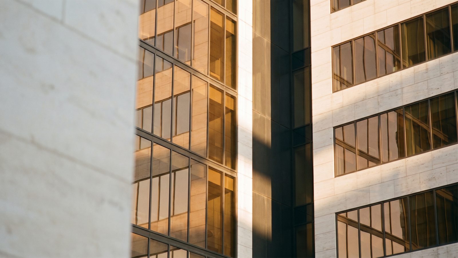 A city financial district at golden hour