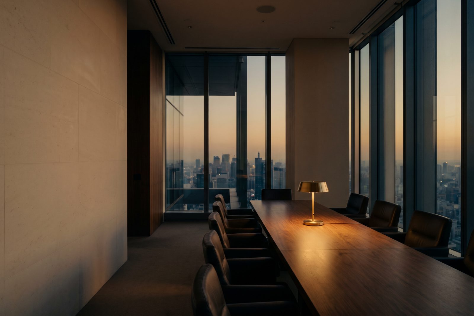 A boardroom at dusk with a long walnut table and a city skyline through the glass