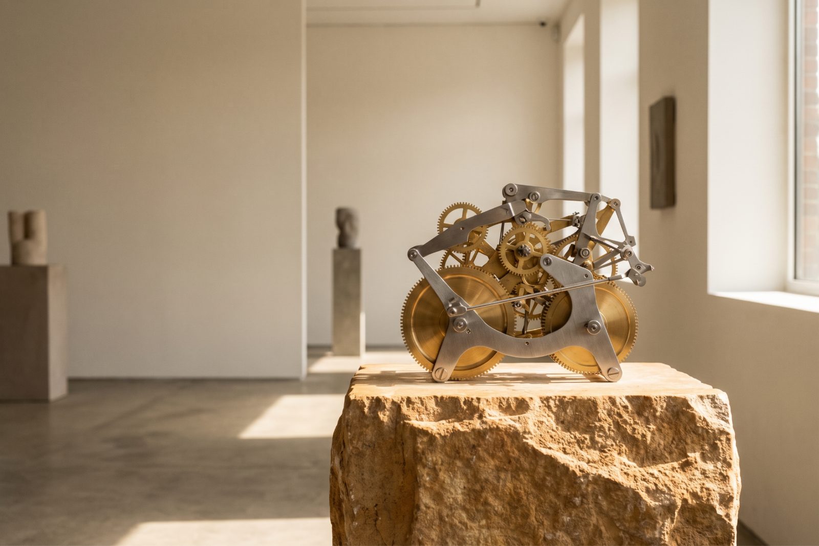 A precision-machined brass and steel mechanism on a stone plinth in a bright gallery