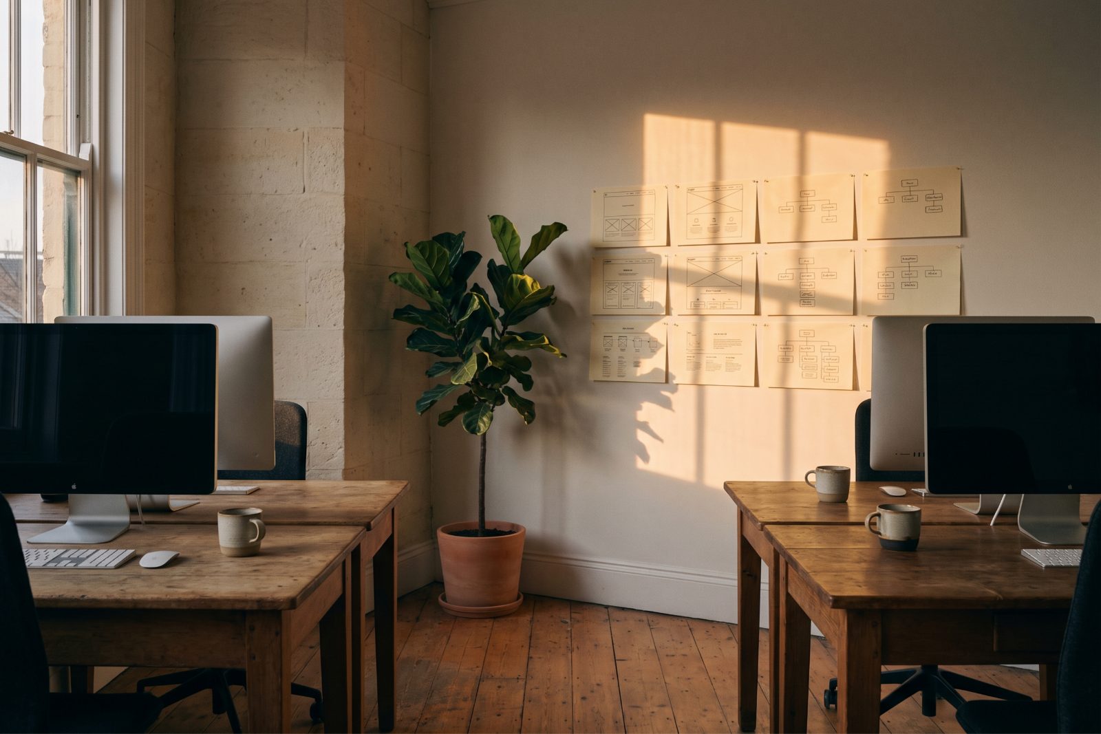 A design studio at golden hour with wireframes pinned to the wall