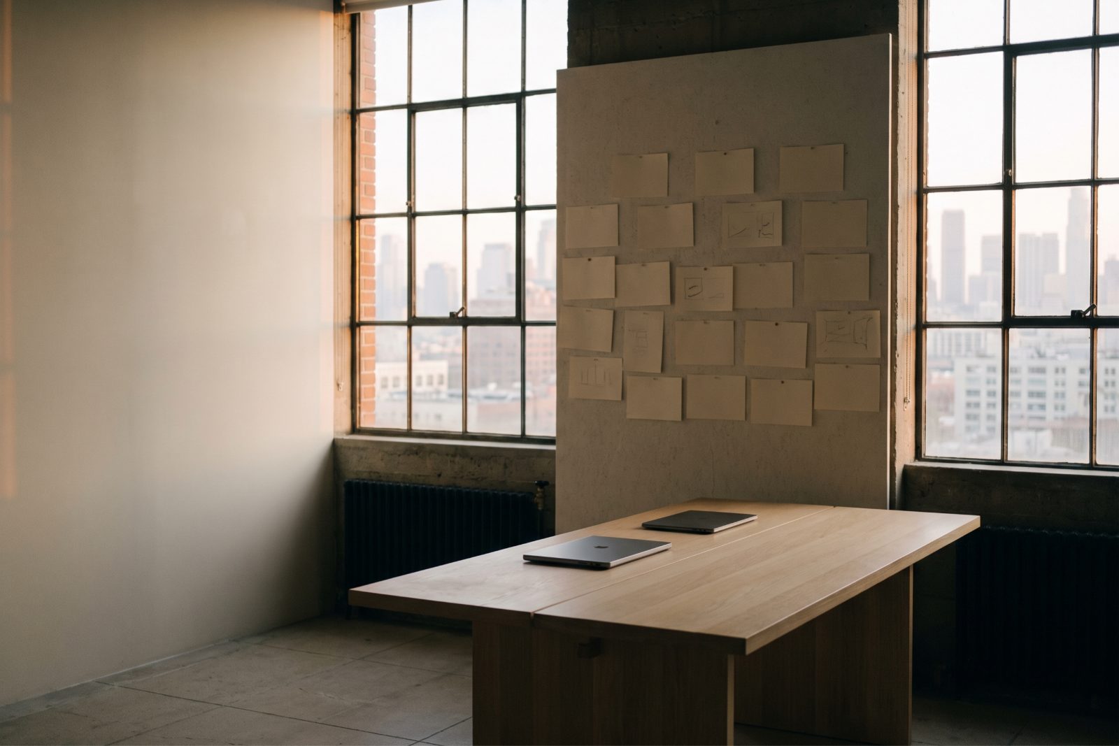 A founder's studio at dawn with a long oak table and tall industrial windows over the city
