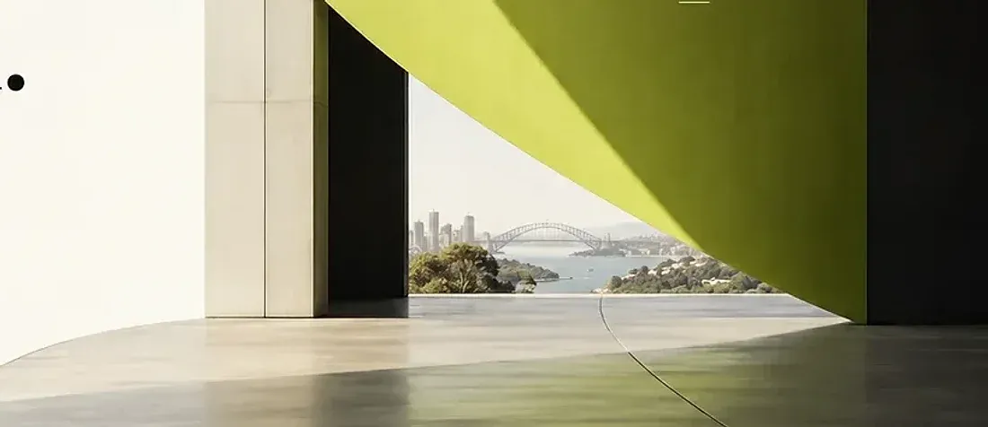 A sculptural green canopy over concrete columns, framing a view across Sydney Harbour to the bridge